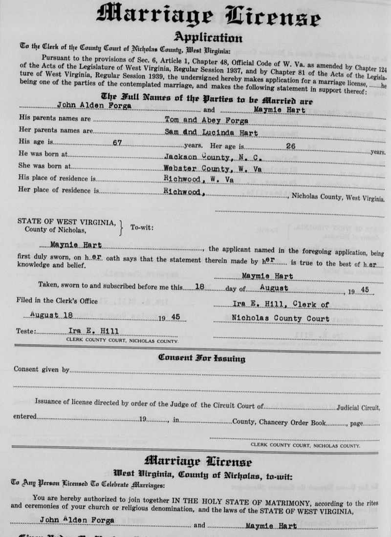 <Mamie and John Alden Forga Marriage License